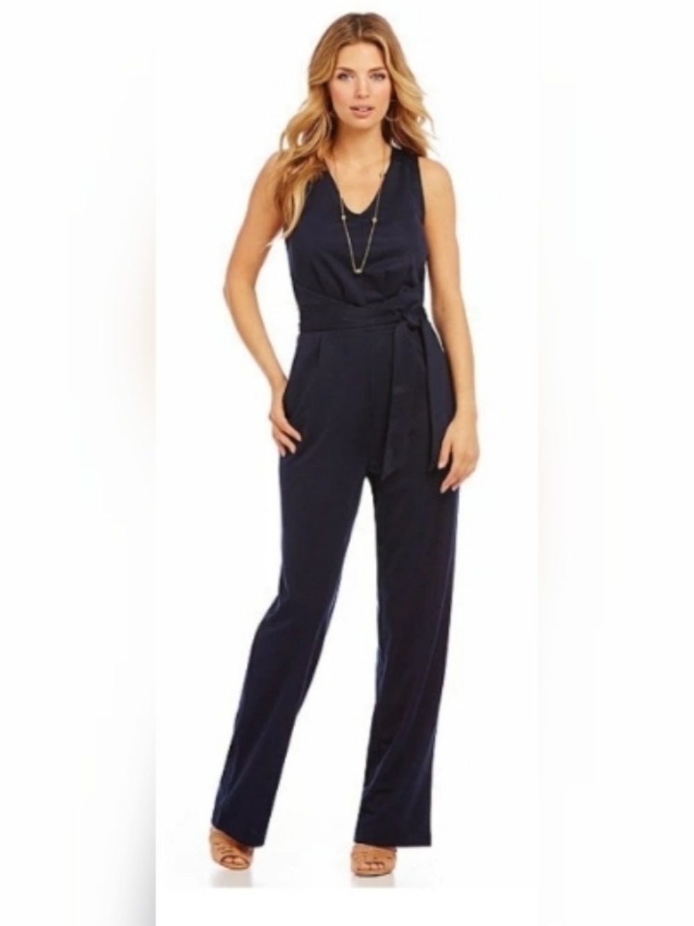 Antonio Melani Sleeveless Navy Faux Wrap Jumpsuit with Sash XS